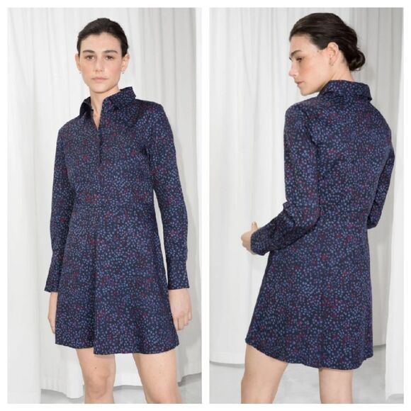 & Other Stories Dresses & Skirts - AND OTHER STORIES Dress Womens 8 Blue Floral Fit Flare Shirtdress Long Sleeve